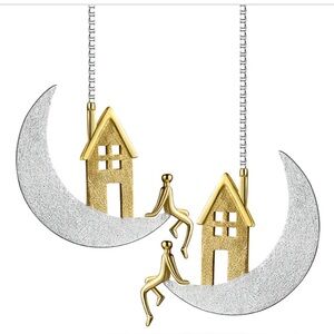 Unique “Home on the Moon” Long Drop Sterling Earrings